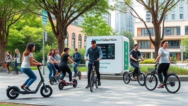 An urban park scene featuring a diverse group of riders enjoying various micromobility options like e-scooters and e-bikes, with a branded RideRush Subscription station in the background, surrounded by greenery and cityscape, capturing the essence of urban mobility and sustainability.