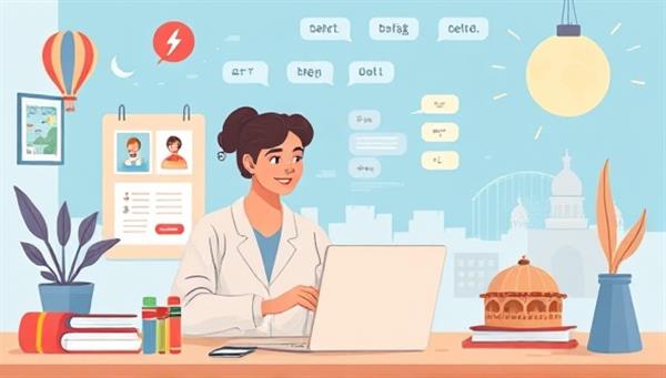 An illustration of a virtual language learning session, showing a tutor guiding a student through language exercises on a digital platform, with virtual language textbooks and cultural elements in the background, creating an immersive and engaging language learning experience.