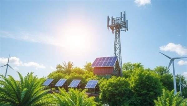 An eco-friendly cell tower powered by solar panels, surrounded by lush greenery and clean energy sources, illustrating the sustainable and environmentally conscious approach of GreenComm Solutions in telecommunication infrastructure.