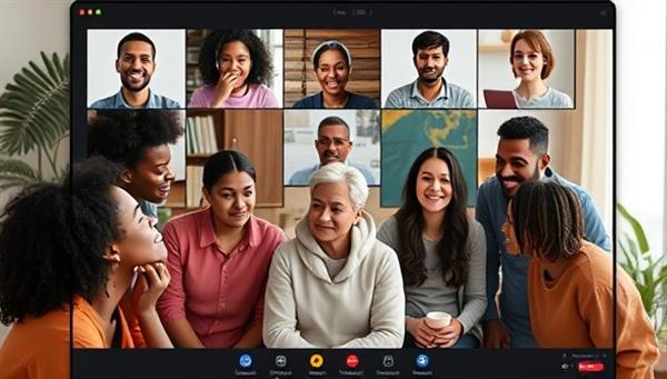 A diverse group of individuals engaged in a virtual group therapy session, showing support, empathy, and connection through a screen, representing the community-driven aspect of the mental health support platform.