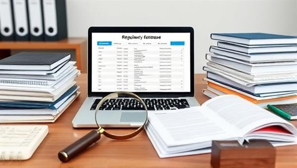 An office desk with a laptop displaying a regulatory database, surrounded by stacks of legal documents and compliance guides, with a magnifying glass symbolizing attention to detail and thorough compliance monitoring.