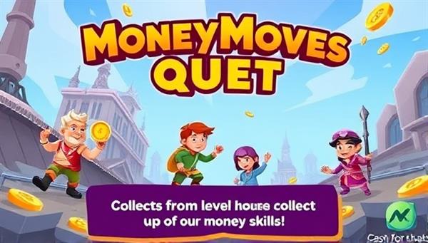 A vibrant and colorful gaming interface featuring animated characters embarking on financial quests, collecting coins, and leveling up their money skills, creating a playful and immersive learning experience in the MoneyMoves Quest app.