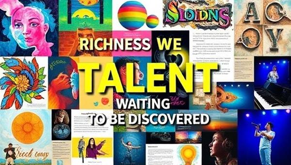 An artistic collage of diverse creative works, including colorful paintings, unique digital designs, captivating writing excerpts, and dynamic performance snapshots, symbolizing the richness of talent waiting to be discovered.