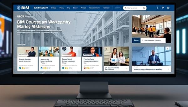 An online learning platform interface showcasing a range of BIM courses and workshops, with interactive modules and virtual classrooms for hands-on training, portraying a dynamic and educational environment at BIM Masterclass Academy.