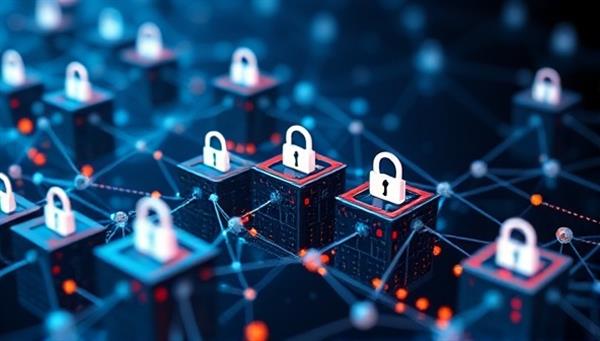 An intricate blockchain network visualization with digital ad icons flowing securely through encrypted blocks, symbolizing the transparency and security provided by BlockAd Verify in the digital advertising landscape.