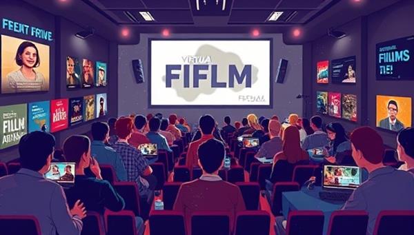 An artistic digital illustration of a virtual film festival screening room, showcasing an array of film posters, festival branding, and virtual audience members engaging with the films, filmmakers, and industry professionals, creating a dynamic and immersive online film festival experience.
