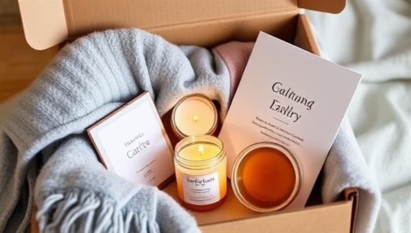 A beautifully designed subscription box filled with calming products like a cozy blanket, scented candles, a gratitude journal, and a soothing herbal tea, evoking feelings of relaxation and self-care.