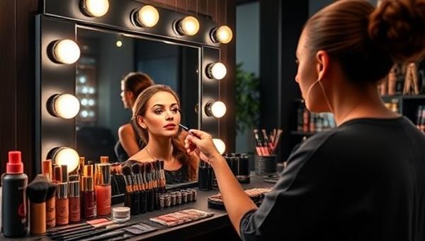 A captivating virtual makeup class setup with a variety of makeup products, brushes, and a mirror, showcasing a professional makeup artist demonstrating techniques on a model