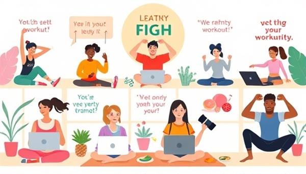 An energetic digital illustration of a diverse group of people exercising together online, each following a different workout routine, with motivational quotes and healthy food images in the background, conveying community and vitality.
