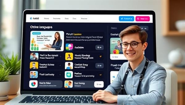 An online language learning platform interface displaying interactive lessons, language exercises, and a virtual tutor avatar, representing a dynamic and immersive language learning experience in a digital environment.