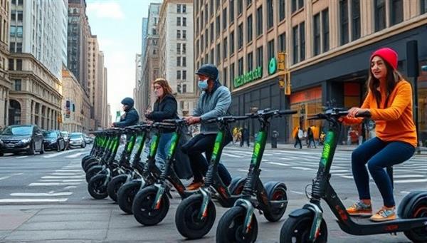An urban scene with a row of electric scooters lined up for rental, with riders zooming past busy city streets, showcasing the convenience and sustainability of SwiftScoot electric scooter subscriptions.