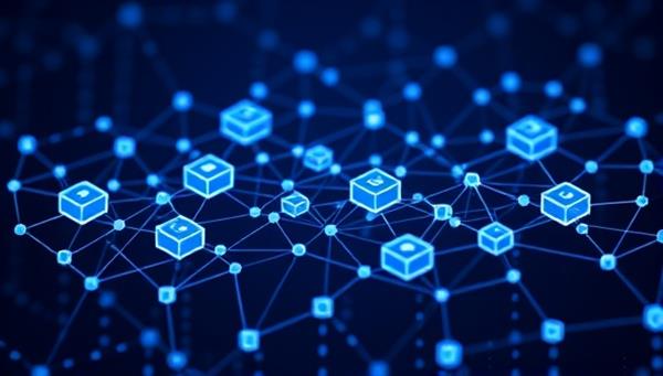 An interconnected network of digital blocks representing blockchain technology, with nodes representing designers, clients, and developers collaborating seamlessly in a decentralized design marketplace, showcasing the secure and transparent nature of the blockchain-powered platform.