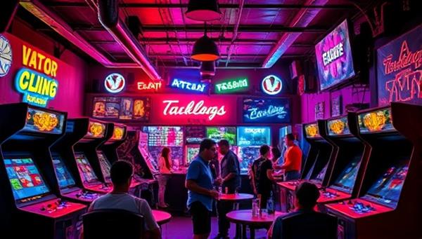 A vibrant and colorful scene showcasing a retro arcade bar with neon lights, vintage arcade cabinets, people enjoying games and drinks, creating a lively and nostalgic atmosphere reminiscent of the past.