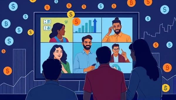 An engaging graphic showcasing a diverse group of individuals interacting virtually on a screen, with digital currency symbols and graphs in the background, symbolizing collaboration and investment in the digital realm.