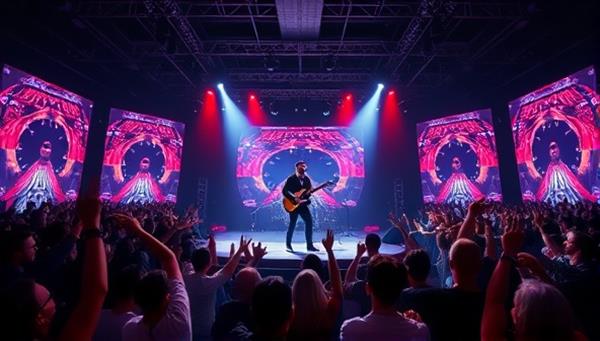 A dynamic virtual concert setting with a musician performing on a digital stage, surrounded by a virtual crowd of cheering avatars, creating an immersive and engaging online concert experience.