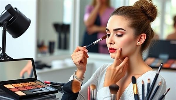 An engaging visual of a virtual beauty masterclass session with a professional makeup artist demonstrating contouring techniques on a model, surrounded by a digital beauty toolkit, makeup palettes, and brushes, creating an immersive and educational beauty experience.