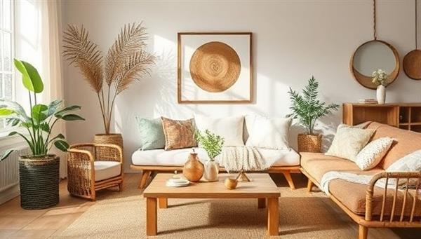 An aesthetically pleasing room setup featuring eco-friendly home decor items like bamboo furniture, recycled glassware, and organic cotton textiles, creating a harmonious and sustainable living space.