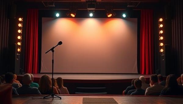 A stage setup with a microphone stand, comedy backdrop, and a spotlight shining on an empty stage, showcasing the anticipation and excitement of a comedy performance about to begin, with an audience eagerly waiting for the laughs to unfold.