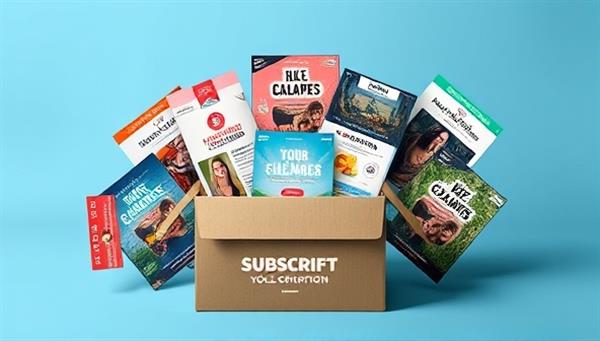 A series of ad mockups displayed in a subscription box arrangement, with various ad designs peeking out of the box, symbolizing the range and versatility of creative content available through the AdCraft Subscription service.