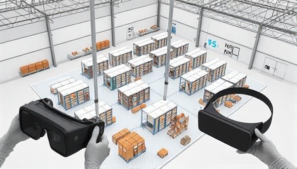A virtual 3D warehouse model displaying optimized storage layouts, efficient workflow paths, and space-saving solutions, surrounded by virtual reality glasses and digital planning tools, illustrating innovative space optimization strategies.