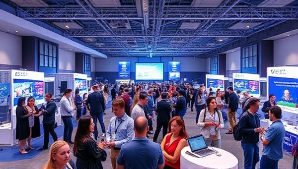 An immersive virtual event setting with diverse avatars interacting in a digital conference hall, featuring engaging presentations, networking areas, and interactive booths, highlighting the futuristic and interactive nature of VirtuEvent.