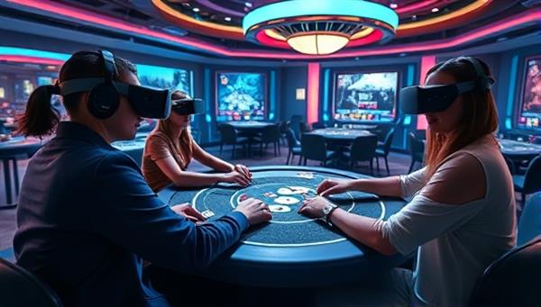 An immersive virtual reality scene showcasing players wearing VR headsets engaged in a thrilling game of virtual poker at a futuristic casino table, surrounded by dynamic graphics and animations.
