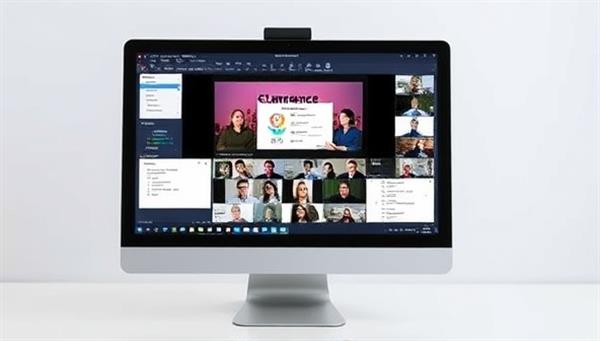A virtual event setup displayed on a computer screen, featuring a professional event planner coordinating multiple aspects of an online conference, with digital graphics, schedules, and participant interactions in view, conveying a sense of virtual event management and organization.