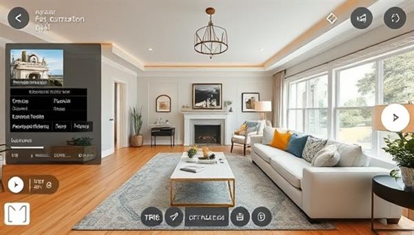 An AR virtual tour demo showcasing a beautifully staged living room with interactive elements like furniture customization, room measurements, and real-time property information, illustrating the immersive and engaging experience of exploring properties through AR technology.