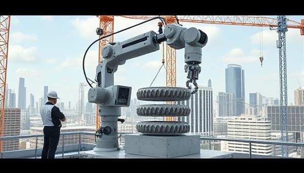 An advanced robotic arm printing intricate concrete structures on a construction site, with engineers monitoring the process and a futuristic cityscape in the background, depicting the cutting-edge technology and innovative approach of PrintCast Innovations.