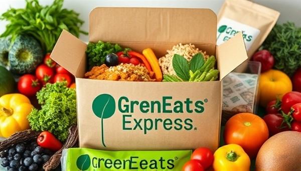 An enticing visual representation of a sustainable food delivery package filled with colorful, locally sourced dishes, surrounded by vibrant fruits and vegetables, and eco-friendly packaging materials, showcasing the freshness and eco-consciousness of GreenEats Express.