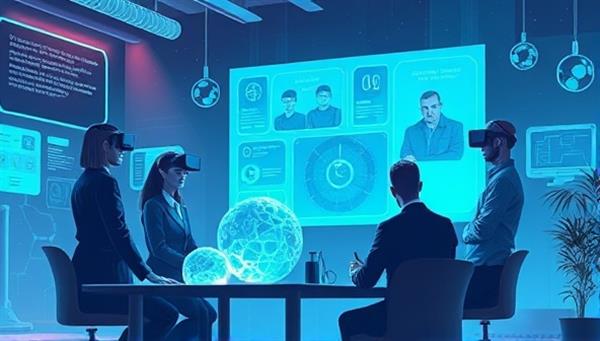 An illustration of a team brainstorming in a futuristic setting with holographic displays, robotics, and virtual reality tools, symbolizing innovation and futuristic thinking in strategy consulting.
