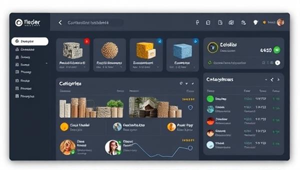An online dashboard mockup of the trading platform showing a user-friendly interface with categories of sustainable construction materials, eco-labels, and user reviews, conveying the transparency and accessibility of eco-friendly material sourcing on the platform.