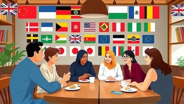 A virtual language cafe scene with avatars conversing in different languages, cultural symbols and flags in the background, creating a vibrant and inclusive space for language exchange and cross-cultural dialogue.