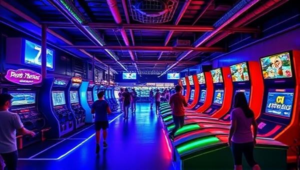 A futuristic arcade setting with neon lights, interactive fitness stations, and people of all ages enjoying active games and challenges, creating a vibrant and energetic atmosphere.