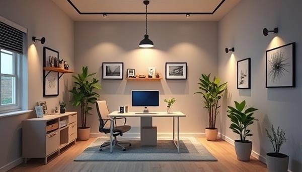 A visualization of a small office space with integrated smart home devices like voice-controlled assistants, smart lighting, and security cameras, showcasing a modern and efficient work environment for small business owners.