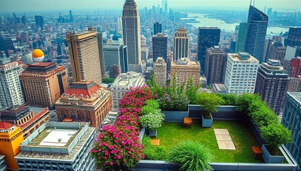An aerial view of a bustling city skyline with vibrant rooftop gardens filled with blooming flowers, lush greenery, and small seating areas, illustrating the harmonious blend of nature and urban living.