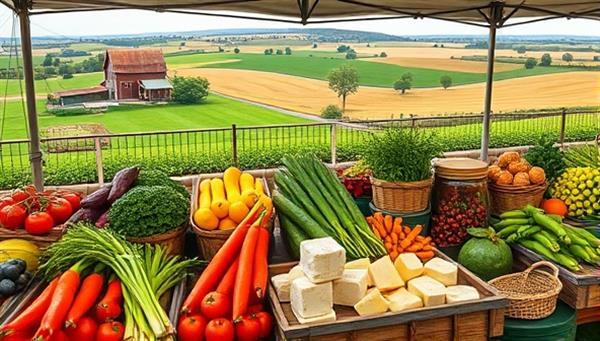 A virtual marketplace interface displaying a colorful array of fresh fruits, vegetables, artisanal cheeses, and handmade goods from local producers, with a background image of rolling fields and farm landscapes, creating a vibrant and authentic virtual farmers market experience on Farm2Screen.
