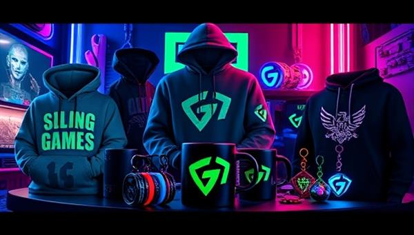 An eye-catching image featuring a variety of gaming merchandise products, such as hoodies, mugs, and keychains, creatively displayed in a gaming-themed setting with neon lights and futuristic elements, evoking a sense of excitement and style.