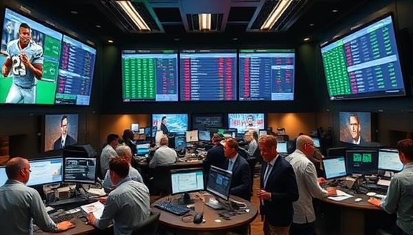 A dynamic sports trading floor setting with digital screens displaying athlete profiles, performance data, and market trends, surrounded by enthusiastic traders making virtual transactions and monitoring their investments, illustrating the interactive and competitive nature of the Fantasy Stock Sports Exchange platform.