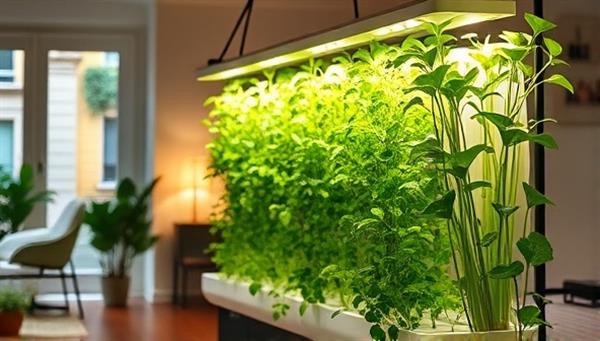 An aesthetically pleasing indoor setting with a vertical farming kit in action, showcasing lush green plants growing vertically under LED lights, creating a harmonious blend of nature and modern design in a home environment.