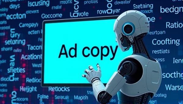An AI robot composing ad copy on a digital screen, surrounded by words and phrases floating in a creative and dynamic visualization of the AI-powered ad copy generation process, emphasizing innovation and efficiency in content creation.