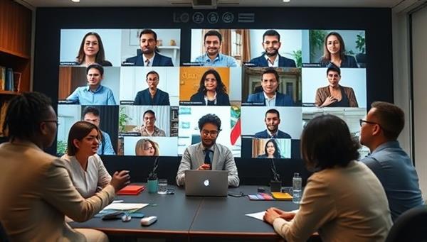 A virtual meeting room scene with diverse advocates engaging in a lobbying strategy session, sharing digital resources and collaborating on policy advocacy initiatives, showcasing inclusivity and impact.