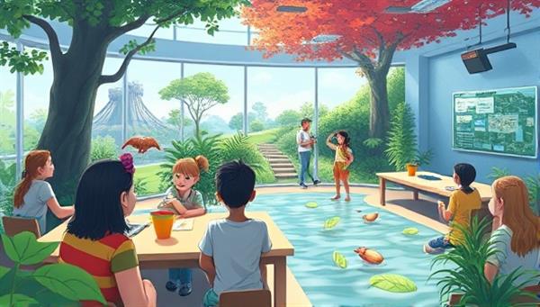 A vibrant digital illustration of a virtual classroom filled with diverse students exploring a virtual ecosystem, with interactive elements like wildlife encounters and eco-facts, creating an immersive and educational experience for environmental learning.