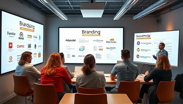 A virtual workshop scene showing participants engaged in a branding exercise, with digital whiteboards displaying brand elements and collaborative brainstorming, capturing the interactive and educational nature of BrandCrafters workshops.