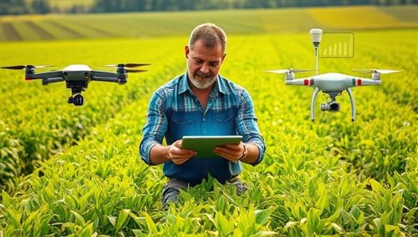 An image showing a farmer using a digital tablet in a lush field, surrounded by advanced agricultural equipment like drones and sensors, with data analytics displayed on the screen, symbolizing the fusion of technology and traditional farming practices for enhanced efficiency and yields.