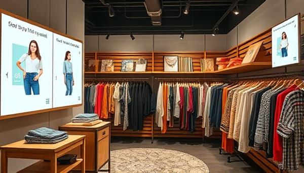 A modern thrift store setting with digital screens displaying virtual try-on options, AI-powered styling suggestions, and QR codes linking to product details, showcasing a fusion of sustainable fashion and cutting-edge technology for a unique shopping experience.