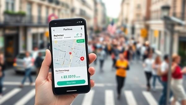 A smartphone displaying the ParkEase app interface with a map highlighting available parking spots in a crowded city area, along with options for reservation and payment, showing the convenience and efficiency of the smart parking management solution.