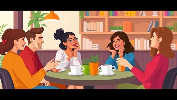 A vibrant digital illustration of a cozy café setting with diverse avatars engaging in language conversations over virtual coffee cups, creating a welcoming and inclusive atmosphere for language learners.