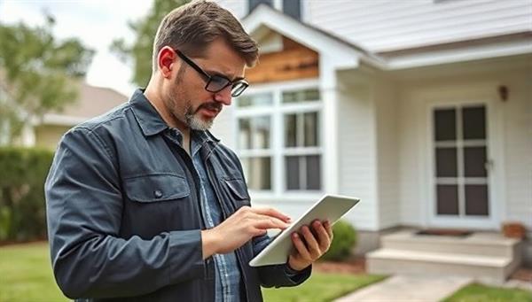 An image of a professional insurance adjuster inspecting a damaged property while using a tablet to process the claim digitally, showcasing efficiency and modern technology in claims handling.