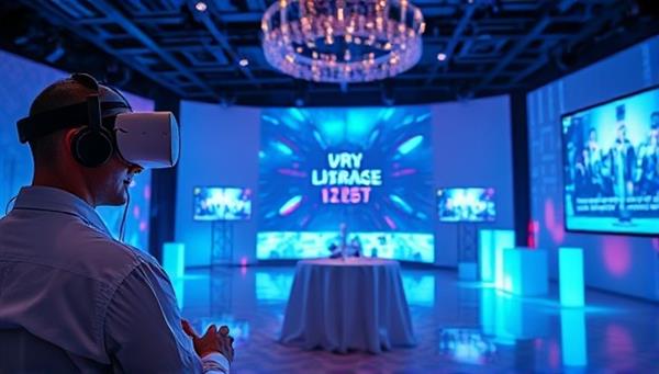 An artistic representation of a virtual event setup with virtual reality headsets, interactive screens, and digital decorations, showcasing the futuristic and immersive nature of virtual gatherings planned by Virtual Affair Planners.
